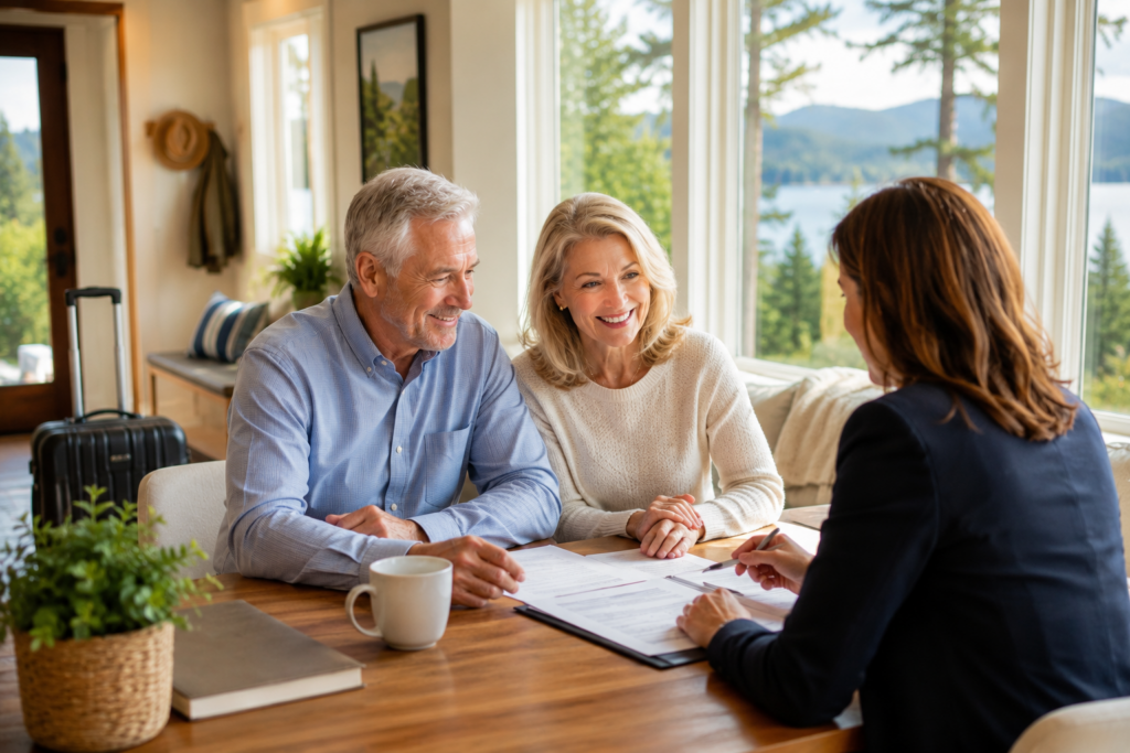 A smiling couple sits at a wooden table with a financial advisor in a cozy room. Papers are spread before them, with large windows showing a scenic view.