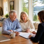 A smiling couple sits at a wooden table with a financial advisor in a cozy room. Papers are spread before them, with large windows showing a scenic view.